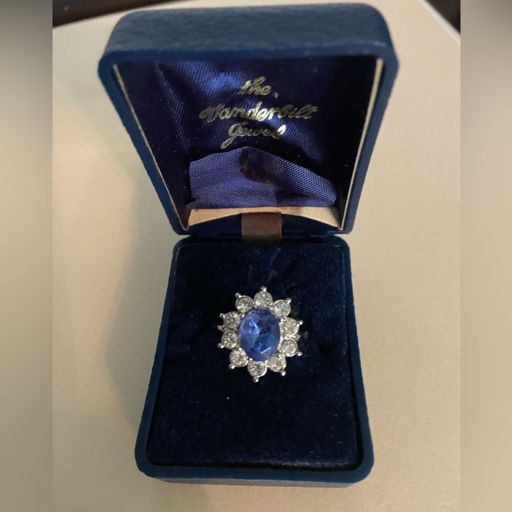 Costume jewelry- blue and white stone ring, silver tone, size 9.
